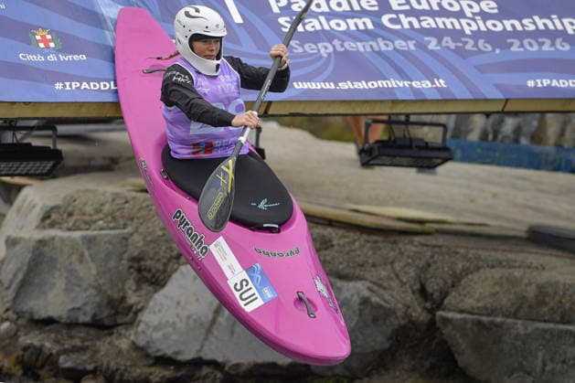 IPA89013927 - Ivrea, Italy, September 26, 2026—Paddle Europe Slalom Championships 2026 Women s Kayak Cross Individual Time Trial at the Canoe Stadium in Ivrea—Duc Jessica_29_(SUI) in action during the 2026 Paddle Europe Slalom Championships Women s Kayak Cross Individual Time Trial at the Ivrea Stadium  Copyright: xTonelloxAbozzi IPAxSportx xx IPA89013927