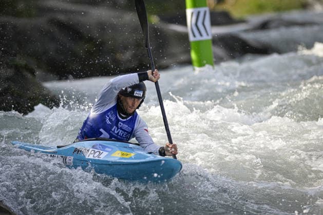 IPA89013943 - Ivrea, Italy, September 26, 2026—Paddle Europe Slalom Championships 2026 Men’s Kayak Cross Individual Time Trial at Canoe Stadium Ivrea—Mateusz Polaczyk_11_(POL) in action during the 2026 Paddle Europe Slalom Championships men s Kayak Cross Individual Time Trial at the Ivrea Stadium  Copyright: xTonelloxAbozzi IPAxSportx xx IPA89013943