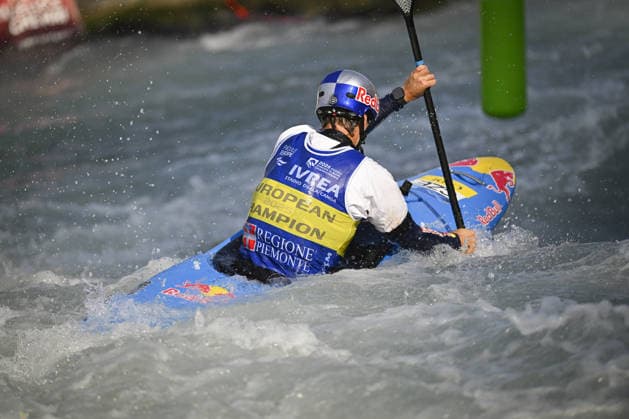 IPA89014070 - Ivrea, Italy, September 26, 2026—2026 Paddle Europe Slalom Championships: Men’s Kayak Cross Individual Time Trial at the Canoe Stadium in Ivrea—Jakub Krejci_5_(CZE) in action during the 2026 Paddle Europe Slalom Championships men s Kayak Cross Individual Time Trial at the Ivrea Stadium  Copyright: xTonelloxAbozzi IPAxSportx xx IPA89014070