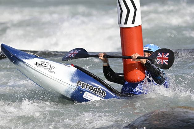 IPA89014079 - Ivrea, Italy, September 26, 2026—2026 Paddle Europe Slalom Championships: Men’s Kayak Cross Individual Time Trial at the Canoe Stadium in Ivrea—Clarke Joseph_1_(GBR) in action during the 2026 Paddle Europe Slalom Championships men’s Kayak Cross Individual Time Trial at the Ivrea Stadium  Copyright: xTonelloxAbozzi IPAxSportx xx IPA89014079