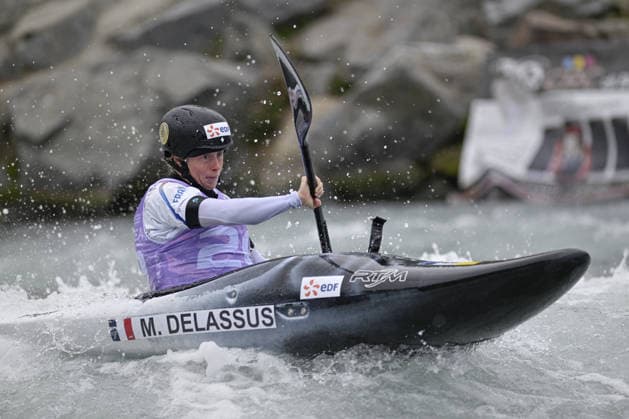 IPA89014081 - Ivrea, Italy, September 26, 2026—2026 Paddle Europe Slalom Championships: Women’s Kayak Cross Individual Time Trial at the Canoe Stadium in Ivrea—Delassus Marjorie_20_(FRA) in action during the 2026 Paddle Europe Slalom Championships Women’s Kayak Cross Individual Time Trial at the Ivrea Stadium  Copyright: xTonelloxAbozzi IPAxSportx xx IPA89014081