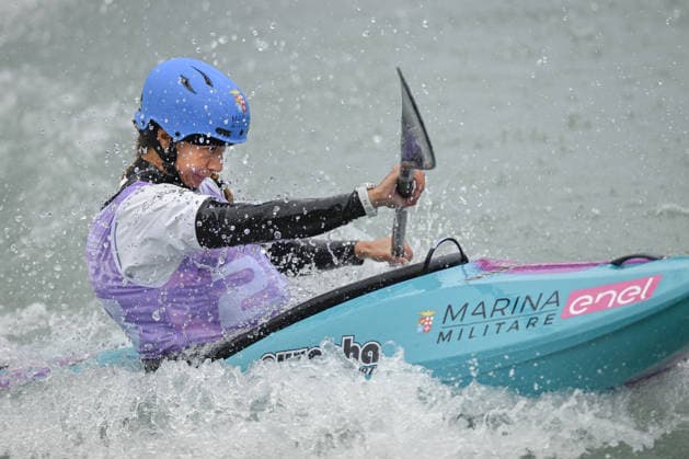 IPA89014084 - Ivrea, Italy, September 26, 2026—2026 Paddle Europe Slalom Championships: Women s Kayak Cross Individual Time Trial at the Canoe Stadium in Ivrea—Lucia Pistoni_28_(ITA) wins the bronze medal during the 2026 Paddle Europe Slalom Championships Women s Kayak Cross Individual Time Trial at the Ivrea Stadium  Copyright: xTonelloxAbozzi IPAxSportx xx IPA89014084