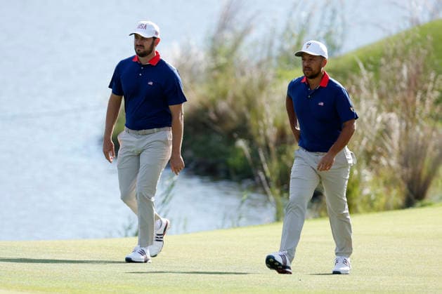 MEDINAH, IL - SEPTEMBER 26: Patrick Cantlay of the United States and Collin Morikawa of the United States walk onto the No. 8 green during the Saturday foursomes session of the Presidents Cup, September 26, 2026, at Medinah Country Club in Medinah, Illinois. (Photo by Matthew Maxey Icon Sportswire) GOLF: SEP 26 Presidents Cup EDITORIAL USE ONLY Icon260926100