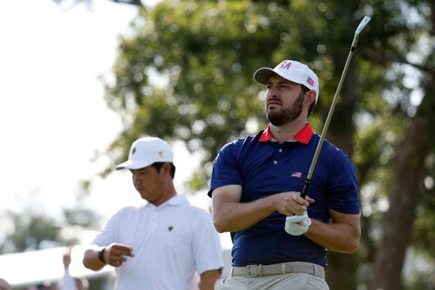 MEDINAH, IL - SEPTEMBER 26: Patrick Cantlay of the United States watches his tee shot on No. 13 during the Saturday foursomes session of the Presidents Cup, September 26, 2026, at Medinah Country Club in Medinah, Illinois. (Photo by Matthew Maxey Icon Sportswire) GOLF: SEP 26 Presidents Cup EDITORIAL USE ONLY Icon260926104