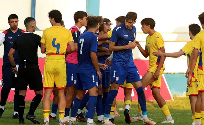 26.09.2026 Kula Serbia-Romania international U19 U-19 Under-19 men s football tournament 32nd Memorial Stevan Cele Vilotic Tensions after red card for Alexa Damjanovic(7L) Serbia and Stefano Precupanu(R) Romania :