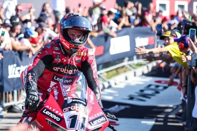 SBK Round 10 EICMA Italian Round (Podium Race 1) in San Martino del Lago, Italy - 26 Sep 2026 Nicolo Bulega of Aruba.it Racing - Ducati with Ducati Panigale V4R celebrates the second place in Race 1 during Podium Race 1 of SBK Round 10 EICMA Italian Round. San Martino del Lago Italy Copyright: xFabrizioxCarabellix xSOPAxImagesx Fabrizio-Carabelli-1454060