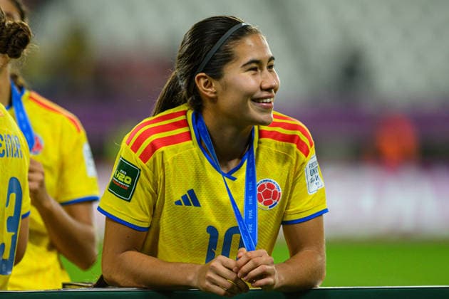 Mariana SILVA seen celebrating with medal during 2026 FIFA U-20 Women™s World Cup Bronze Final match between teams of Italy and Colombia in Lodz, Poland (Tomasz Karczewski Ball Raw Images) Lodz Stadion Miejski LKS Lodz Poland Copyright: xTomaszxKarczewskix tomaszkarczewski_wlochy_kolumbia_u20_2627_TK1_4328