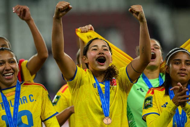 Brenda CARDONA seen celebrating with medal during 2026 FIFA U-20 Women™s World Cup Bronze Final match between teams of Italy and Colombia in Lodz, Poland (Tomasz Karczewski Ball Raw Images) Lodz Stadion Miejski LKS Lodz Poland Copyright: xTomaszxKarczewskix tomaszkarczewski_wlochy_kolumbia_u20_2627_TK1_4349