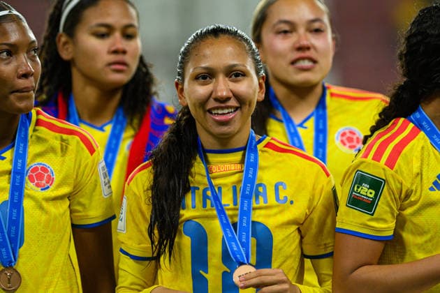 Catalina CORTES seen celebrating with medal during 2026 FIFA U-20 Women™s World Cup Bronze Final match between teams of Italy and Colombia in Lodz, Poland (Tomasz Karczewski Ball Raw Images) Lodz Stadion Miejski LKS Lodz Poland Copyright: xTomaszxKarczewskix tomaszkarczewski_wlochy_kolumbia_u20_2627_TK1_4364