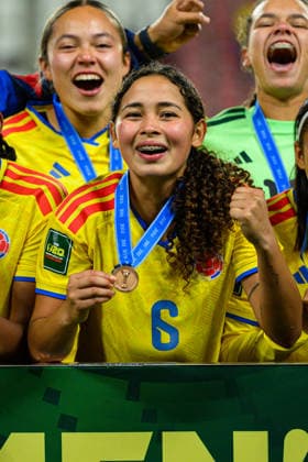 Brenda CARDONA seen celebrating with medal during 2026 FIFA U-20 Women™s World Cup Bronze Final match between teams of Italy and Colombia in Lodz, Poland (Tomasz Karczewski Ball Raw Images) Lodz Stadion Miejski LKS Lodz Poland Copyright: xTomaszxKarczewskix tomaszkarczewski_wlochy_kolumbia_u20_2627_TK2_7966-2