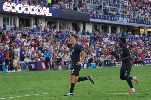 Sebastian Berhalter (L) of United States celebrates a goal during a friendly match between the United States and Peru at Inter&Co Stadium in Orlando, United States, 26 September 2026. International Friendly, Länderspiel, Nationalmannschaft United States vs. Peru !ACHTUNG: NUR REDAKTIONELLE NUTZUNG!  Copyright: xKennethxFernandezx AMDEP3218 20260927-55021515801_1