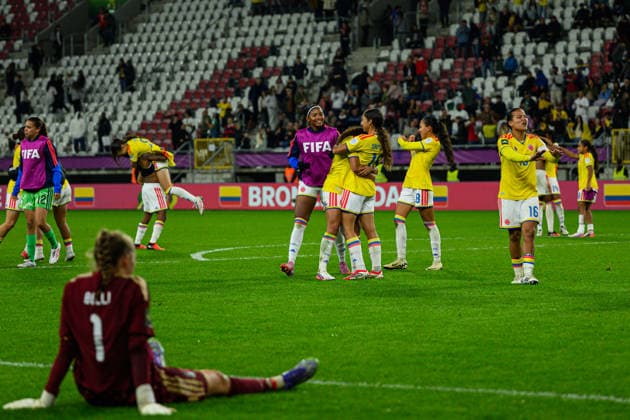 Colombia players seen celebrating win during 2026 FIFA U-20 Women™s World Cup Bronze Final match between teams of Italy and Colombia in Lodz, Poland (Tomasz Karczewski Ball Raw Images) Lodz Stadion Miejski LKS Lodz Poland Copyright: xTomaszxKarczewskix tomaszkarczewski_wlochy_kolumbia_u20_2627_TK2_7915