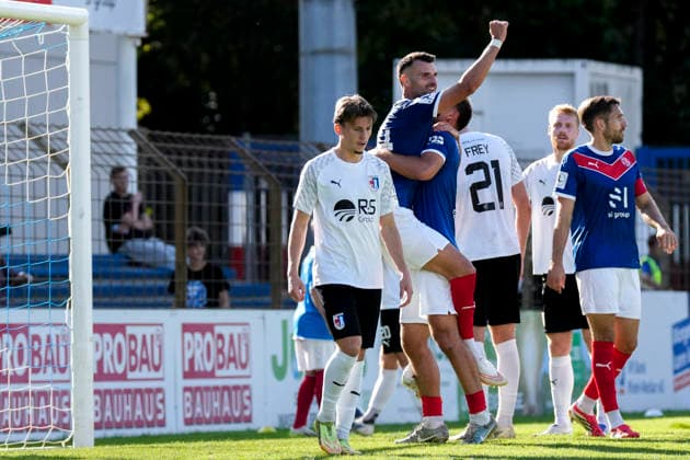 From left: Goal scorer Mehdi Hetemaj (VfR Mannheim, 34), Melvin Ramusovic (VfR Mannheim, 6), and a VfR Mannheim player celebrating the goal that made the score 5–1, Celebration, goal celebration, goal scored, celebrating the goal, goal, celebration, celebrating the goal, joy, happiness, happy, optimistic, positive, game action, highlight, action, September 26, 2026, Mannheim, Germany, soccer, Regionalliga Südwest, VfR Mannheim, SG Barockstadt, Fulda, Lehnerz xozx
