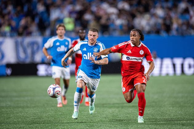 September 26, 2026: Charlotte FC midfield Pep Biel (16) and Chicago Fire FC defender Leonardo Barroso (2) chase the ball during the first half of the MLS, Fussball Herren, USA match up at Bank of America Stadium in Charlotte, NC. Mandatory Credit: -Cal Media MLS 2026: Chicago Fire At Charlotte FC Sep 26  - ZUMAc04_ 20260926_zma_c04_398 Copyright: xScottxKinserx