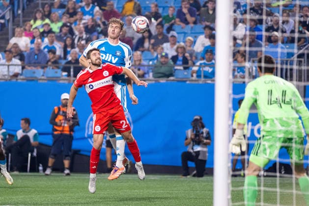 September 26, 2026: Charlotte FC defense Henry Kessler (22) battles with Chicago Fire FC defender Jonathan Dean (24) during the first half of the MLS, Fussball Herren, USA match up at Bank of America Stadium in Charlotte, NC. Mandatory Credit: -Cal Media MLS 2026: Chicago Fire At Charlotte FC Sep 26  - ZUMAc04_ 20260926_zma_c04_414 Copyright: xScottxKinserx