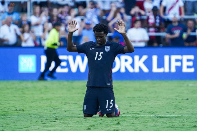 Peru v USA in a friendly Florida Series Match, Orlando, Florida Orlando, Florida, USA, September 26, 2026, USA player Brooklyn Raines 15 on his knees post game at Inter.Co Stadium. Copyright: xMartyxJean-Louisx