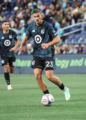SEATTLE, WA - SEPTEMBER 26: Minnesota United FC defender Morris Duggan (23) in action in the second half during the MLS, Fussball Herren, USA match between Minnesota United FC and Seattle Sounders FC on September 26, 2026 at Lumen Field in Seattle, Washington. (Photo by Leslie Plaza Johnson Icon Sportswire) SOCCER: SEP 26 MLS Seattle Sounders FC vs Minnesota United FC EDITORIAL USE ONLY Icon260926039