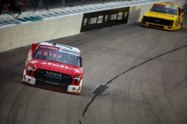 KANSAS CITY, KS - SEPTEMBER 26: Kaden Honeycutt ( 11 TRICON Garage Toyota) races into turn one during the NASCAR, Motorsport, USA CRAFTSMAN Truck Series Playoffs Race to Stop Suicide 200 on Saturday, September 26, 2026, at Kansas Speedway in Kansas City, KS. (Photo by Kyle Ocker Icon Sportswire) AUTO: SEP 26 NASCAR CRAFTSMAN Truck Series Playoffs Race to Stop Suicide 200 EDITORIAL USE ONLY Icon260926015