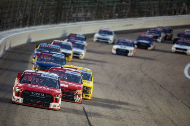 KANSAS CITY, KS - SEPTEMBER 26: Kaden Honeycutt ( 11 TRICON Garage Toyota) races into turn one during the NASCAR, Motorsport, USA CRAFTSMAN Truck Series Playoffs Race to Stop Suicide 200 on Saturday, September 26, 2026, at Kansas Speedway in Kansas City, KS. (Photo by Kyle Ocker Icon Sportswire) AUTO: SEP 26 NASCAR CRAFTSMAN Truck Series Playoffs Race to Stop Suicide 200 EDITORIAL USE ONLY Icon260926018