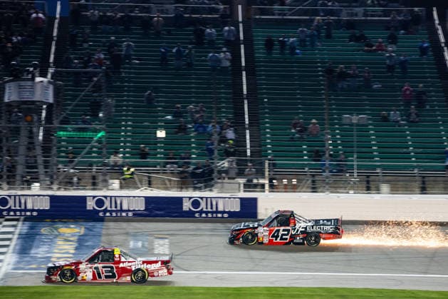 KANSAS CITY, KS - SEPTEMBER 26: Sparks fly from the truck of Parker Eatmon ( 42 Niece Motorsports Chevrolet) as he races on the frontstretch during the NASCAR, Motorsport, USA CRAFTSMAN Truck Series Playoffs Race to Stop Suicide 200 on Saturday, September 26, 2026, at Kansas Speedway in Kansas City, KS. (Photo by Kyle Ocker Icon Sportswire) AUTO: SEP 26 NASCAR CRAFTSMAN Truck Series Playoffs Race to Stop Suicide 200 EDITORIAL USE ONLY Icon260926024