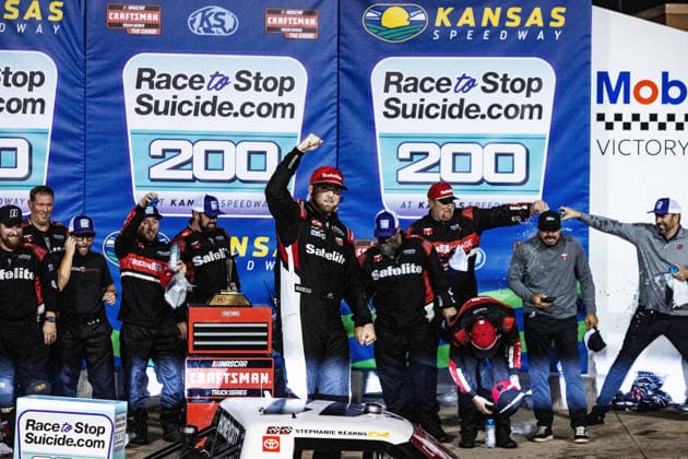 KANSAS CITY, KS - SEPTEMBER 26: Kaden Honeycutt ( 11 TRICON Garage Toyota) celebrates in victory lane after the NASCAR, Motorsport, USA CRAFTSMAN Truck Series Playoffs Race to Stop Suicide 200 on Saturday, September 26, 2026, at Kansas Speedway in Kansas City, KS. (Photo by Kyle Ocker Icon Sportswire) AUTO: SEP 26 NASCAR CRAFTSMAN Truck Series Playoffs Race to Stop Suicide 200 EDITORIAL USE ONLY Icon260926026