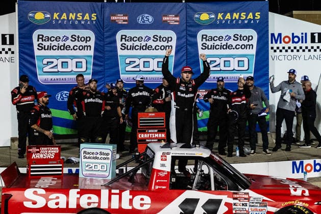 KANSAS CITY, KS - SEPTEMBER 26: Kaden Honeycutt ( 11 TRICON Garage Toyota) celebrates in victory lane after the NASCAR, Motorsport, USA CRAFTSMAN Truck Series Playoffs Race to Stop Suicide 200 on Saturday, September 26, 2026, at Kansas Speedway in Kansas City, KS. (Photo by Kyle Ocker Icon Sportswire) AUTO: SEP 26 NASCAR CRAFTSMAN Truck Series Playoffs Race to Stop Suicide 200 EDITORIAL USE ONLY Icon260926027
