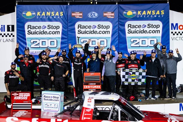 KANSAS CITY, KS - SEPTEMBER 26: Kaden Honeycutt ( 11 TRICON Garage Toyota) celebrates in victory lane after the NASCAR, Motorsport, USA CRAFTSMAN Truck Series Playoffs Race to Stop Suicide 200 on Saturday, September 26, 2026, at Kansas Speedway in Kansas City, KS. (Photo by Kyle Ocker Icon Sportswire) AUTO: SEP 26 NASCAR CRAFTSMAN Truck Series Playoffs Race to Stop Suicide 200 EDITORIAL USE ONLY Icon260926028
