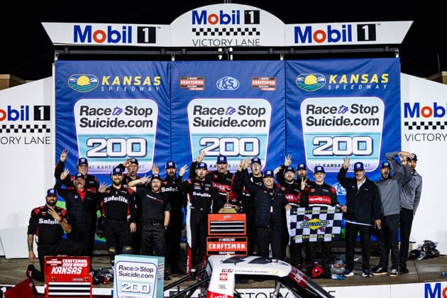KANSAS CITY, KS - SEPTEMBER 26: Kaden Honeycutt ( 11 TRICON Garage Toyota) celebrates in victory lane after the NASCAR, Motorsport, USA CRAFTSMAN Truck Series Playoffs Race to Stop Suicide 200 on Saturday, September 26, 2026, at Kansas Speedway in Kansas City, KS. (Photo by Kyle Ocker Icon Sportswire) AUTO: SEP 26 NASCAR CRAFTSMAN Truck Series Playoffs Race to Stop Suicide 200 EDITORIAL USE ONLY Icon260926030