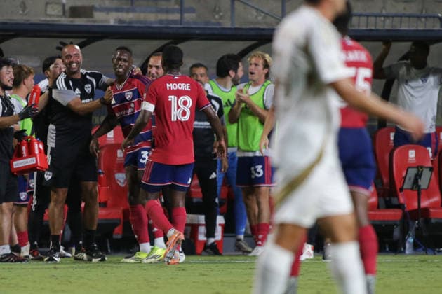 September 26, 2026, Frisco, Texas, USA: FC Dallas defender OSAZE URHOGHIDE (3) (left middle) reacts after scoring a goal during a soccer game between Los Angeles FC and FC Dallas at Toyota Stadium in Frisco, TX. Frisco USA - ZUMAh193 20260926_zsp_h193_044 Copyright: xDanielxMcGregor-Huyerx