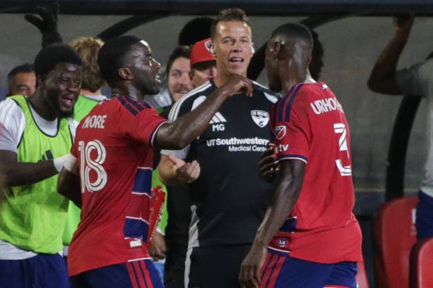 September 26, 2026, Frisco, Texas, USA: FC Dallas defender OSAZE URHOGHIDE (3) (right) reacts after scoring a goal during a soccer game between Los Angeles FC and FC Dallas at Toyota Stadium in Frisco, TX. Frisco USA - ZUMAh193 20260926_zsp_h193_045 Copyright: xDanielxMcGregor-Huyerx