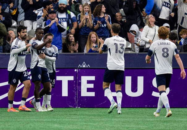 September 26, 2026, Vancouver, Bc, CANADA: Vancouver Whitecaps Bruno Caicedo (second left) celebrates with his teammates after scoring a goal against D.C. United during the first half of an MLS, Fussball Herren, USA soccer match, in Vancouver, on Saturday, Sept. 26, 2026. Canada News - September 26, 2026  - ZUMAc35_ 20260926_zaf_c35_200 Copyright: xJacobxMallarix