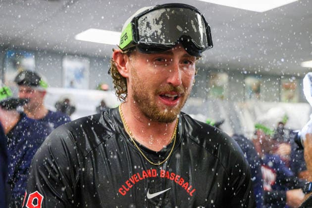 SEP 26, 2026: Cleveland Guardians starting pitcher Tanner Bibee (28) celebrates after winning the Central Division against the Kansas City Royals at Kauffman Stadium in Kansas City, MO. CSM Kansas City United States - ZUMAc04_ 20260926_zma_c04_675 Copyright: xRomanxPunox