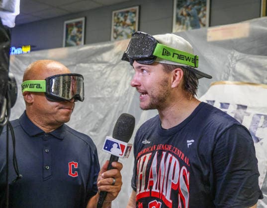 SEP 26, 2026: Cleveland Guardians catcher Patrick Bailey (16) gets interviewed during the locker room celebration at Kauffman Stadium in Kansas City, MO. CSM MLB, Baseball Herren, USA 2026: Guardians Vs Royals September 26th  - ZUMAc04_ 20260926_zma_c04_678 Copyright: xRomanxPunox