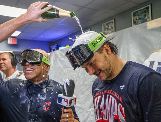 SEP 26, 2026: Cleveland Guardians catcher Patrick Bailey (16) gets interviewed during the locker room celebration at Kauffman Stadium in Kansas City, MO. CSM MLB, Baseball Herren, USA 2026: Guardians Vs Royals September 26th  - ZUMAc04_ 20260926_zma_c04_691 Copyright: xRomanxPunox