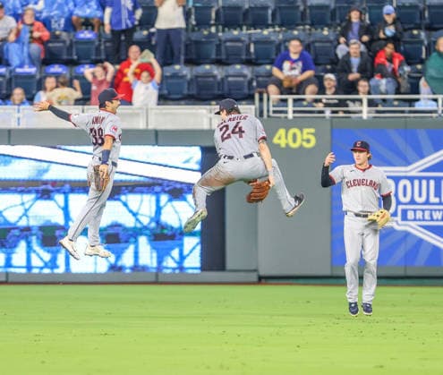 SEP 26, 2026: Cleveland Guardians outfielder Steven Kwan (38) and Cleveland Guardians outfielder Chase DeLauter (24) and Cleveland Guardians outfielder Petey Halpin (0) celebrates after a win against the Kansas City Royals at Kauffman Stadium in Kansas City, MO. CSM Kansas City United States - ZUMAc04_ 20260926_zma_c04_686 Copyright: xRomanxPunox