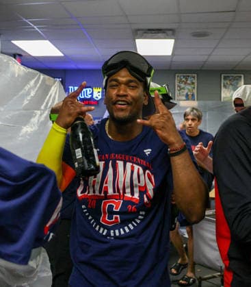 SEP 26, 2026: Cleveland Guardians outfielder Angel MartoÂ­nez (1) celebrates after winning the Central Division against the Kansas City Royals at Kauffman Stadium in Kansas City, MO. CSM MLB, Baseball Herren, USA 2026: Guardians Vs Royals September 26th  - ZUMAc04_ 20260926_zma_c04_769 Copyright: xRomanxPunox