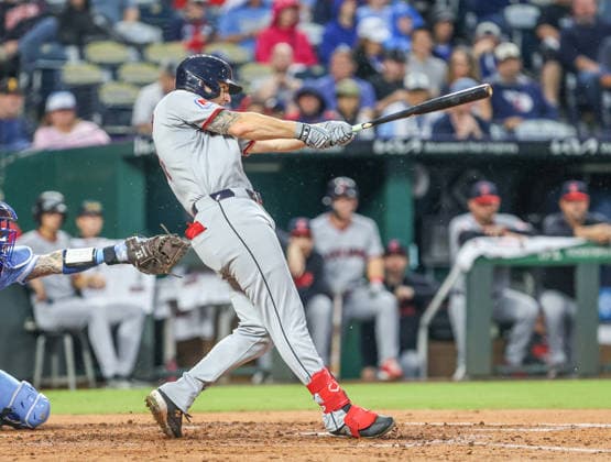 SEP 26, 2026: Cleveland Guardians outfielder Chase DeLauter (24) hits a home run in the 3rd inning against the Kansas City Royals at Kauffman Stadium in Kansas City, MO. CSM Kansas City United States - ZUMAc04_ 20260926_zma_c04_743 Copyright: xRomanxPunox