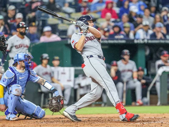 SEP 26, 2026: Cleveland Guardians outfielder Chase DeLauter (24) hits a home run in the 3rd inning against the Kansas City Royals at Kauffman Stadium in Kansas City, MO. CSM Kansas City United States - ZUMAc04_ 20260926_zma_c04_758 Copyright: xRomanxPunox