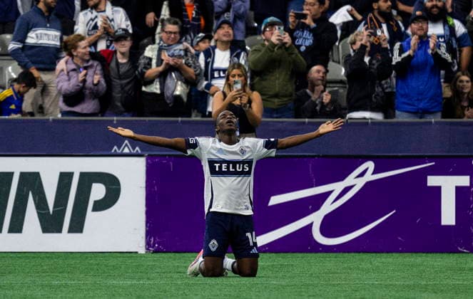 September 26, 2026, Vancouver, Bc, CANADA: Vancouver Whitecaps Bruno Caicedo (14) celebrates after scoring a goal against D.C. United during the first half of an MLS, Fussball Herren, USA soccer match, in Vancouver, on Saturday, Sept. 26, 2026. Canada News - September 26, 2026  - ZUMAc35_ 20260926_zaf_c35_209 Copyright: xJacobxMallarix