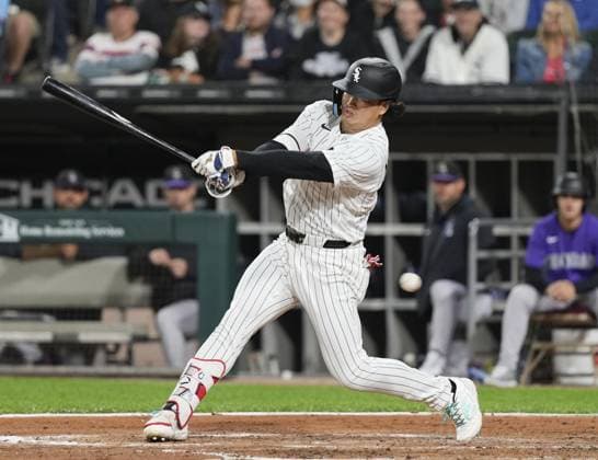 Baseball: Rockies vs. White Sox Chicago White Sox first baseman Munetaka Murakami strikes out swinging in the third inning of a baseball game against the Colorado Rockies at Rate Field in Chicago on Sept. 26, 2026.  A14AA0005628842P