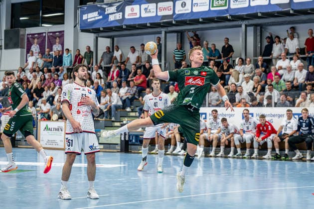2 Handball Bundesliga: TV Hüttenberg vs. GWD Minden, September 26, 2026; Daniel Astrup Pedersen (GWD Minden), 3; Hendrik Schreiber (TV Hüttenberg), 51; 2 Handball Bundesliga: TV Hüttenberg vs. GWD Minden, Hüttenberg, September 26, 2026 Copyright: xBEAUTIFULxSPORTS Roeczeyx