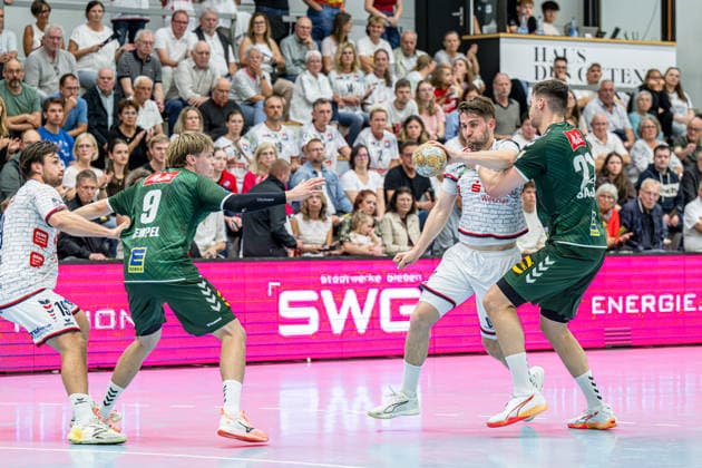 2nd Handball Bundesliga: TV Hüttenberg vs. GWD Minden, September 26, 2026; David Kuntscher (TV Hüttenberg), 97, Mika Sajenev GWD Minden, 21, Morten Hempel Jensen GWD Minden, 9, Vit Reichl TV Hüttenberg, 19 2 Handball Bundesliga TV Hüttenberg vs. GWD Minden, September 26, 2026 Copyright: xBEAUTIFULxSPORTS Roeczeyx