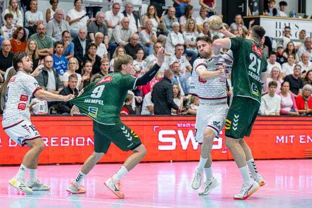 2nd Handball Bundesliga: TV Hüttenberg vs. GWD Minden, September 26, 2026; David Kuntscher (TV Hüttenberg), 97, Mika Sajenev GWD Minden, 21, Morten Hempel Jensen GWD Minden, 9, Vit Reichl TV Hüttenberg, 19 2 Handball Bundesliga TV Hüttenberg vs. GWD Minden, September 26, 2026 Copyright: xBEAUTIFULxSPORTS Roeczeyx