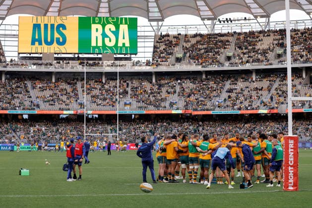 RUGBY UNION AUSTRALIA SOUTH AFRICA, The Wallabies huddle before the international rugby test match between the Australian Wallabies and South Africa at Optus Stadium in Perth, Sunday, September 27, 2026. ( NO ARCHIVING, EDITORIAL USE ONLY PERTH Western Australia Australia  Copyright: xRICHARDxWAINWRIGHTx 20260927161411512953