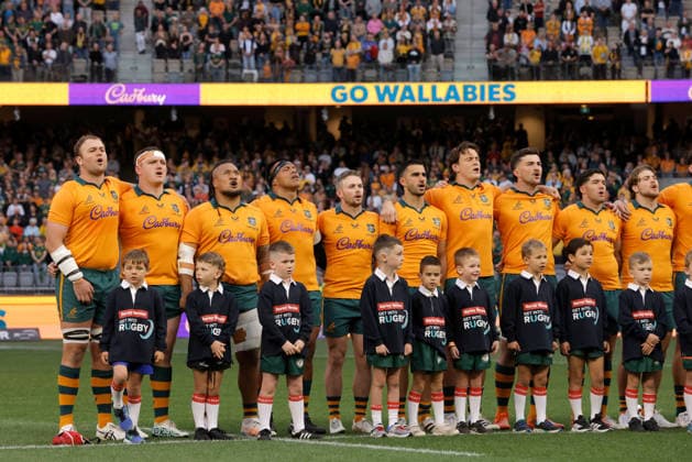 RUGBY UNION AUSTRALIA SOUTH AFRICA, The Wallabies sing the national anthem during the international rugby test match between the Australian Wallabies and South Africa at Optus Stadium in Perth, Sunday, September 27, 2026. ( NO ARCHIVING, EDITORIAL USE ONLY PERTH Western Australia Australia  Copyright: xRICHARDxWAINWRIGHTx 20260927157435942702