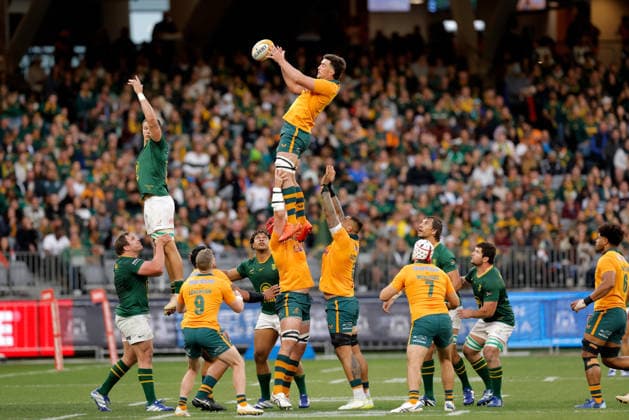 RUGBY UNION AUSTRALIA SOUTH AFRICA, Jeremy Williams of the Wallabies wins the lineout during the international rugby test match between the Australian Wallabies and South Africa at Optus Stadium in Perth, Sunday, September 27, 2026. ( NO ARCHIVING, EDITORIAL USE ONLY PERTH Western Australia Australia  Copyright: xRICHARDxWAINWRIGHTx 20260927113199040726