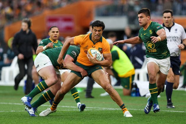 RUGBY UNION AUSTRALIA SOUTH AFRICA, Joseph-Aukuso Suaalii of the Wallabies is tackled by Jan-Hendrik Wessels of the Springboks during the international rugby test match between the Australian Wallabies and South Africa at Optus Stadium in Perth, Sunday, September 27, 2026. ( NO ARCHIVING, EDITORIAL USE ONLY PERTH Western Australia Australia  Copyright: xTravisxHaytox 20260927173590809006