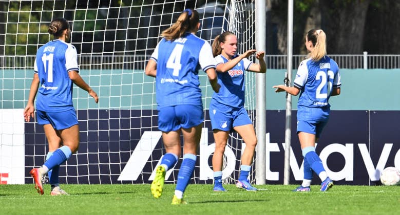 September 27, 2026 Soccer Season 2026–2027 DFB Cup Women s Club Cup Round 1 SpVgg Greuther Fürth Kleeblatt vs. TSG 1899 Hoffenheim Sports photo by Zink xwoxzix; regulations prohibit any use of photographs as image sequences and or quasi-video: Goal celebration, cheering, joy after a goal; shot on goal for the 0–2 score by Marie Steiner 9, TSG Hoffenheim, via penalty kick
