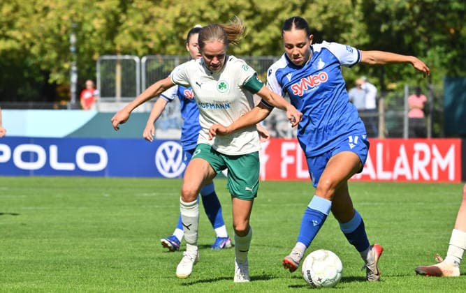 September 27, 2026 Soccer Season 2026–2027 DFB Cup Women s Club Cup Round 1 SpVgg Greuther Fürth Kleeblatt vs. TSG 1899 Hoffenheim Sports photo by Zink xwoxzix; regulations prohibit any use of photographs as image sequences and or quasi-video. Elena Grill 6, SpVgg Greuther Fürth; Linda Mathilde Natter 11, TSG Hoffenheim