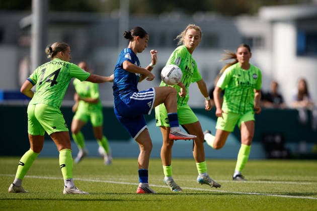 Soccer I Women I 2026–2027 Season I DFB Cup I FC Schalke 04 vs. SGS Essen I September 27, 2026 Dana Salic 8, FC Schalke 04 in a three-way battle with Anja Heuschkel 14, SGS Essen, and Jule Schnieder 6, SGS Essen; Gelsenkirchen Parkstadion, North Rhine-Westphalia, Germany Copyright: xLobeca CedricxSiefkerx
